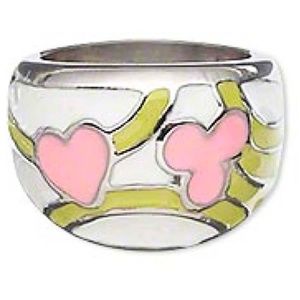 RING, FLOWER DESIGN IN ENAMEL AND STAINLESS STEEL, WHITE/PINK/LIME GREEN, 18mm